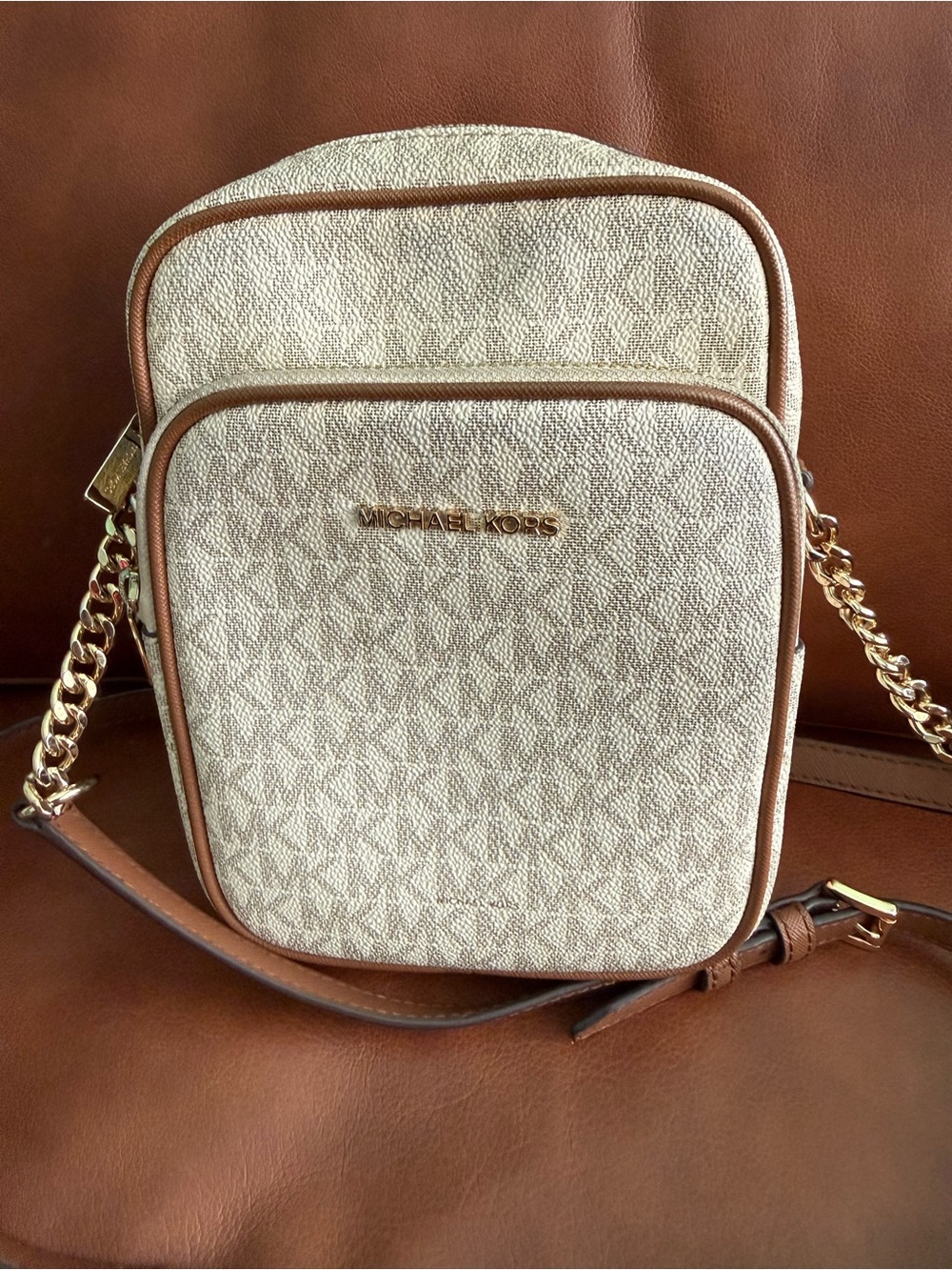 Michael Kors Beige and Brown Logo Crossbody with Gold Chain